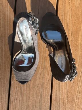 ANTONIO MELANI Black Satin Peep-Toe Heels with Crystal Cluster